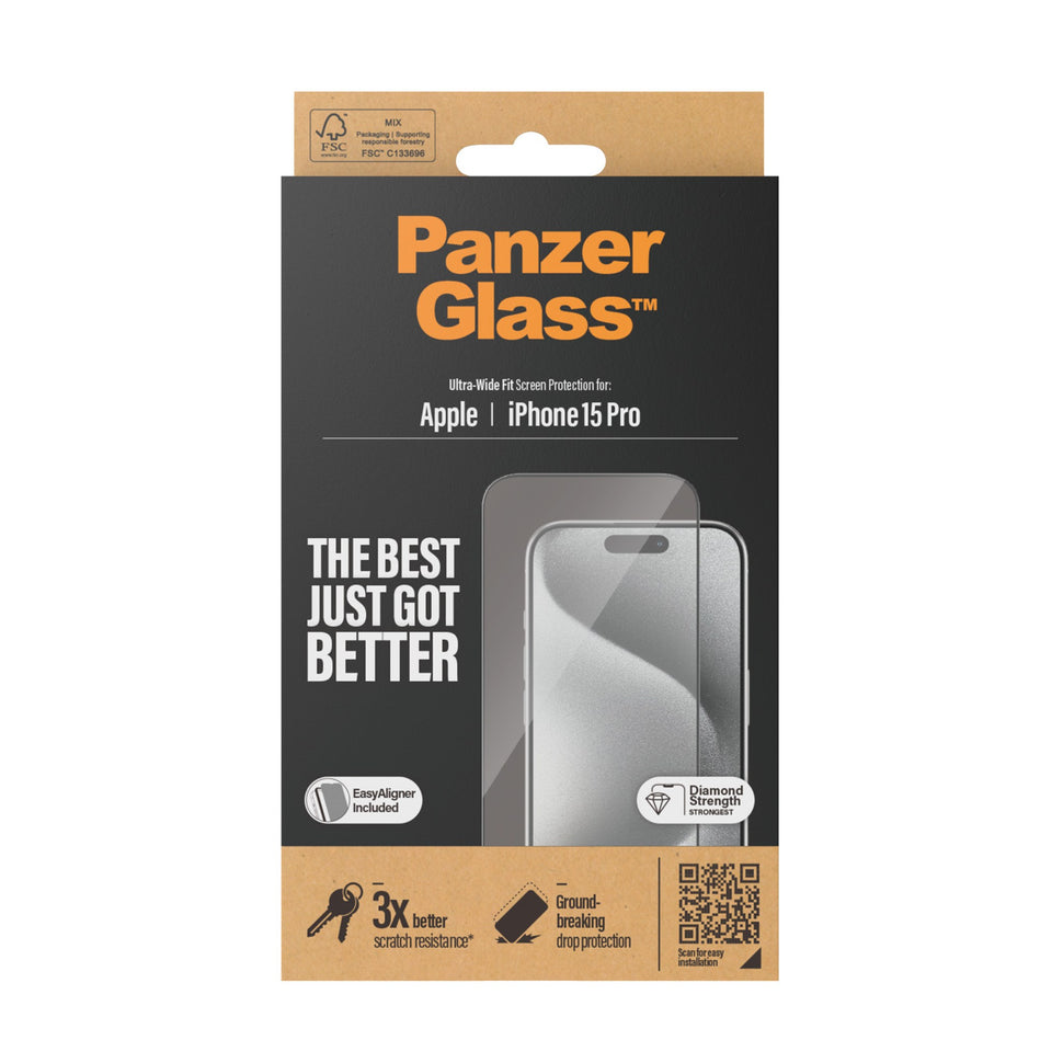 حماية شاشة من PanzerGlass® لهاتف iPhone 15 Pro شاشة زجاجية كاملة مع اطار اسود حماية شاشة من PanzerGlass® لهاتف iPhone 15 Pro شاشة زجاجية كاملة مع اطار اسود